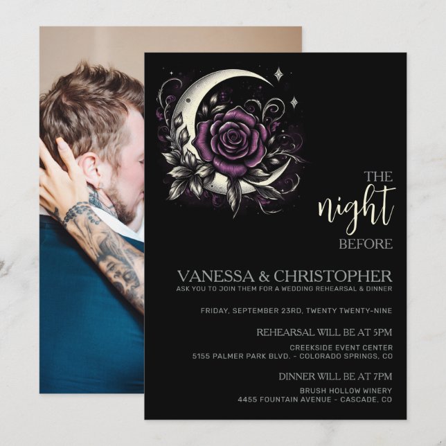 Purple Rose Moon Night Before Wedding Rehearsal Invitation (Front/Back)