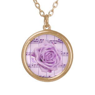 Purple Rose & Music Gold Round Necklace