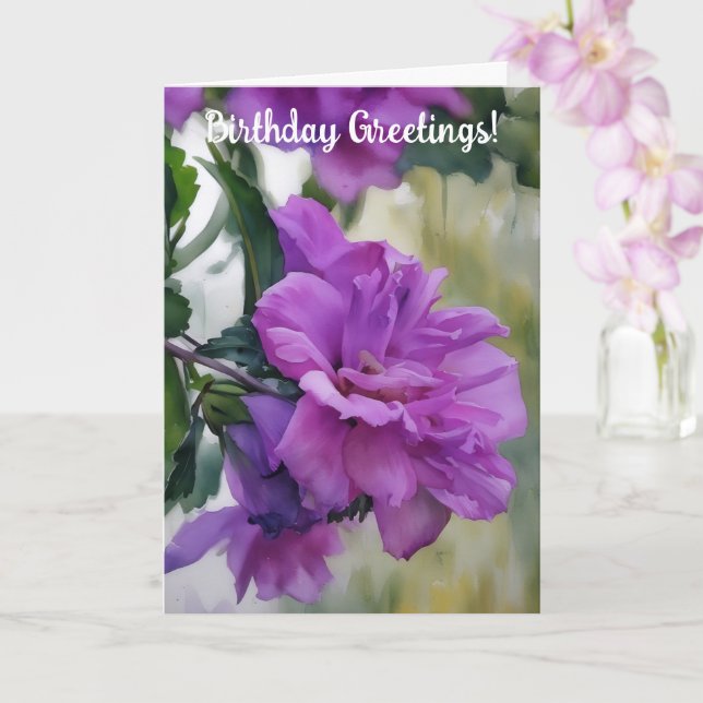 Purple Rose of Sharon Flower Art Birthday Card (Orchid)
