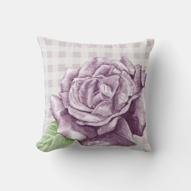Purple Rose on Lilac Gingham Throw Pillow (Front)