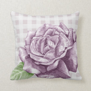 Purple Rose on Lilac Gingham Throw Pillow