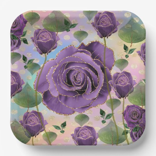 Purple Rose Paper Plates with Faux Gold Trim