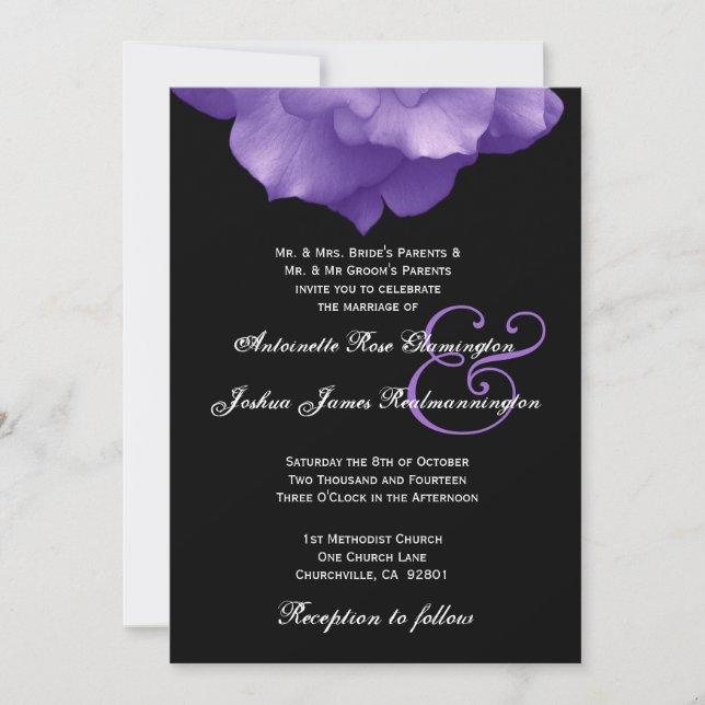 PURPLE Rose Petals Wedding Invitation F202 (Front)