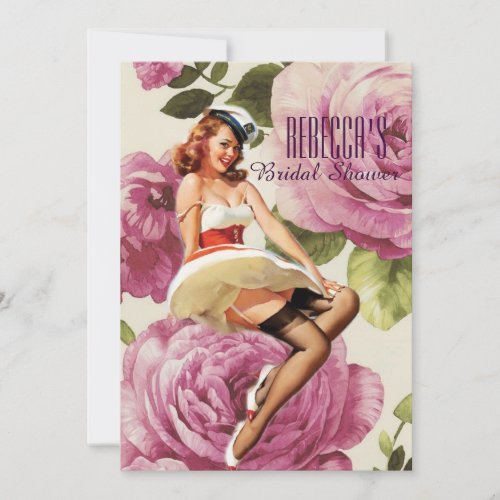 purple rose pin up girl vintage bridal shower invitation