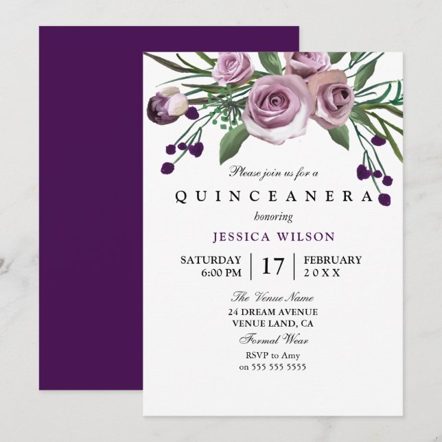 Purple Rose Quinceanera Invitation (Front/Back)