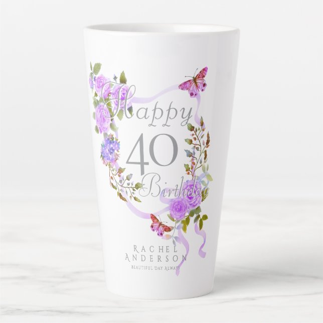 Purple Rose Ribbon 40th Birthday Latte Mug (Front)