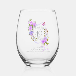 Purple Rose Ribbon 40th Birthday Stemless Wine Glass