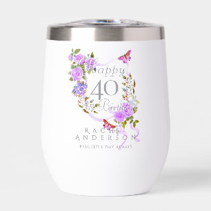 Purple Rose Ribbon 40th Birthday Thermal Wine Tumbler