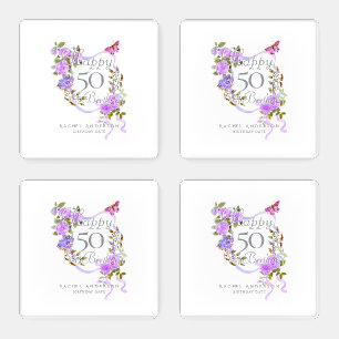 Purple Rose Ribbon 50th Birthday Coaster Set