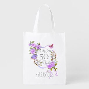 Purple Rose Ribbon 50th Birthday Grocery Bag