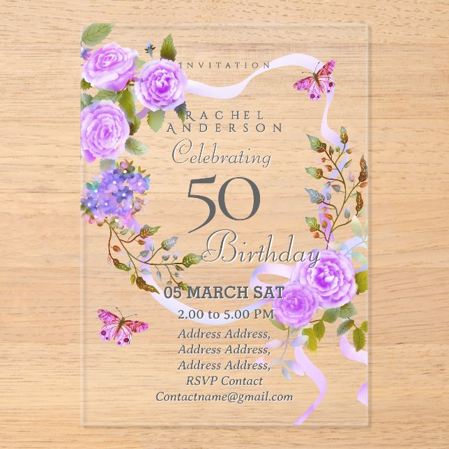 Purple Rose Ribbon 50th Birthday Invitation (Front)