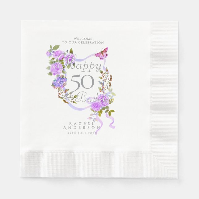 Purple Rose Ribbon 50th Birthday Napkins (Front)
