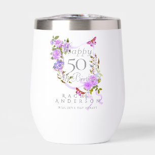 Purple Rose Ribbon 50th Birthday Thermal Wine Tumbler