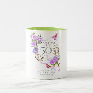 Purple Rose Ribbon 50th Birthday Two-Tone Coffee Mug