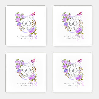 Purple Rose Ribbon 60th Birthday Coaster Set