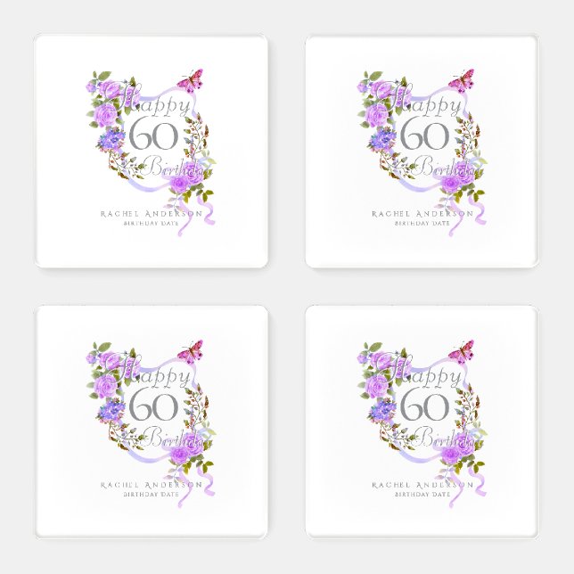 Purple Rose Ribbon 60th Birthday  Coaster Set (Set)