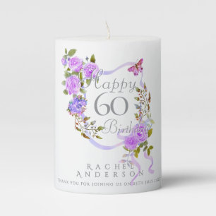 Purple Rose Ribbon 60th Birthday Pillar Candle