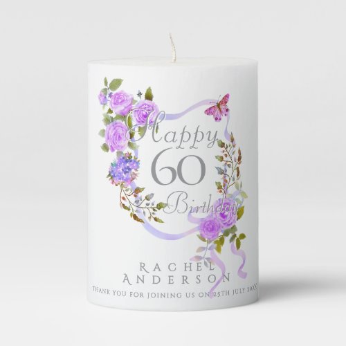 Purple Rose Ribbon 60th Birthday Pillar Candle
