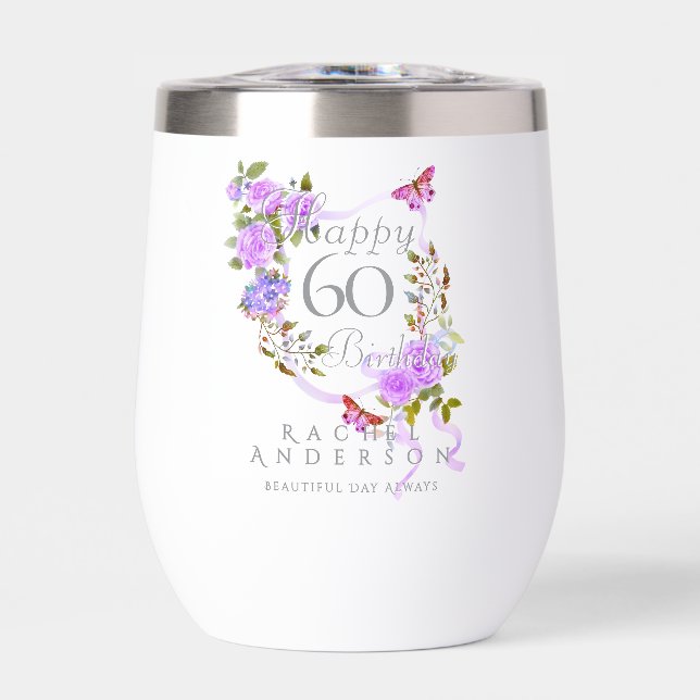 Purple Rose Ribbon 60th Birthday Thermal Wine Tumbler (Front)
