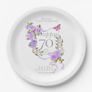 Purple Rose Ribbon 70th Birthday Paper Plates