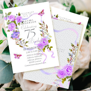 Purple Rose Ribbon 75th Birthday Invitation