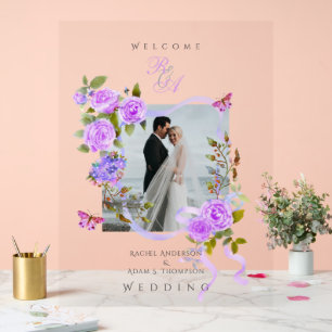 Purple Rose Ribbon Monogram Photo Wedding Acrylic Sign