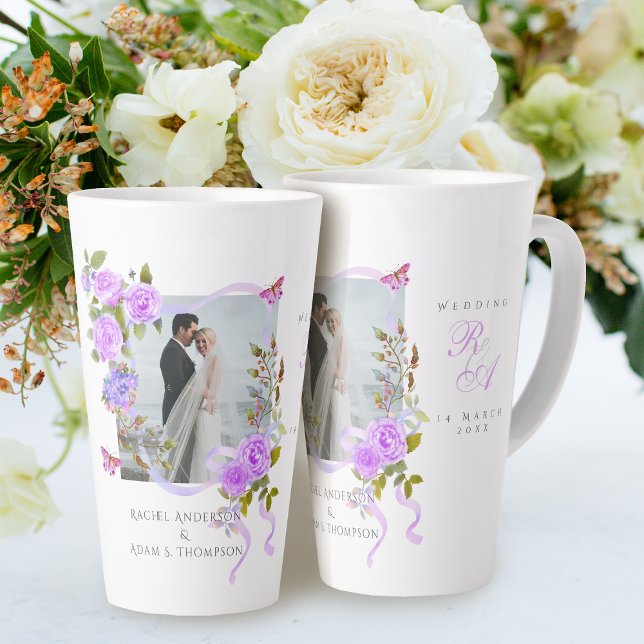 Purple Rose Ribbon Monogram Photo Wedding  Latte Mug (Romantic Wedding Purple Rose 
Photo Latte Mug.)