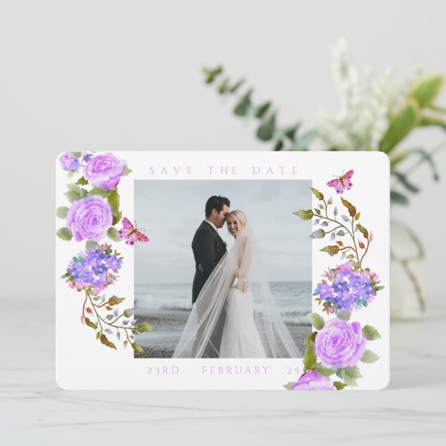 Purple Rose Ribbon Monogram Photo Wedding  Save The Date (Standing Front)