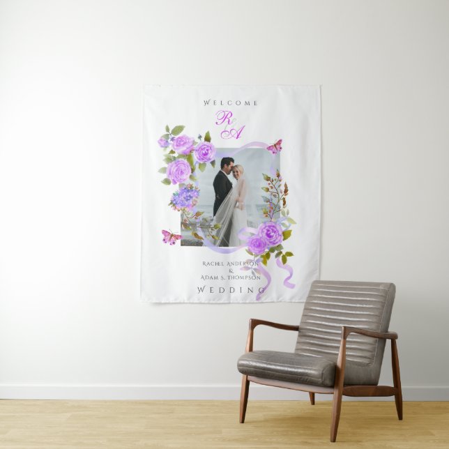 Purple  Rose Ribbon Monogram Photo Wedding Tapestry (In Situ)