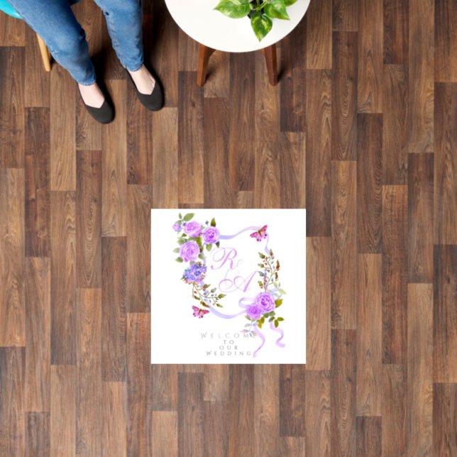 Purple Rose Ribbon Monogram Wedding  Floor Decals (Floor)