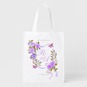 Purple Rose Ribbon Monogram Wedding Grocery Bag