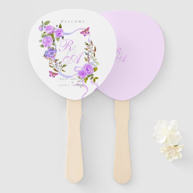 Purple Rose Ribbon Monogram Wedding  Hand Fan (Front and Back)