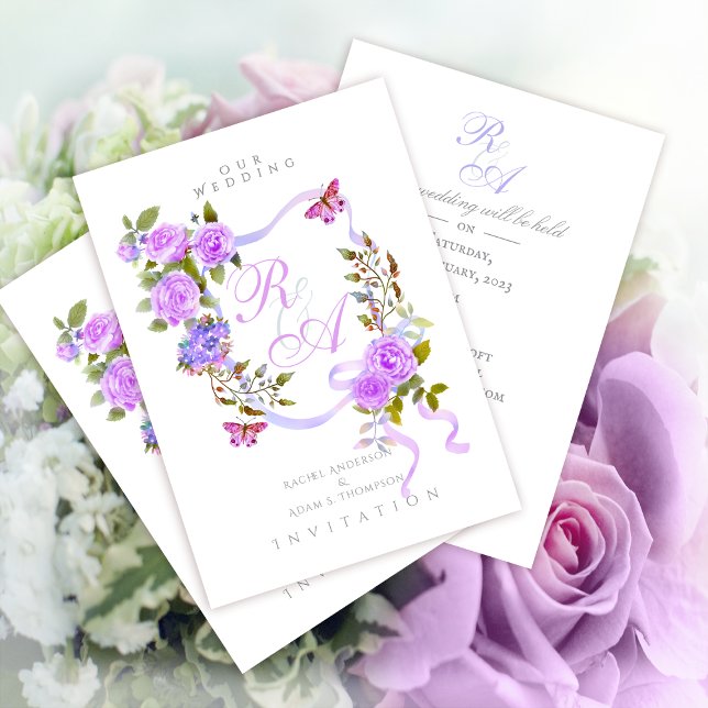 Purple Rose Ribbon Monogram Wedding Invitation (Elegant Purple Rose Ribbon Monogram Invitation Card.)