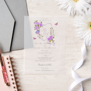 Purple Rose Ribbon Monogram Wedding Invitation