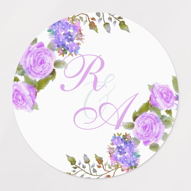 Purple Rose Ribbon Monogram Wedding Invitation Labels (Design 1)