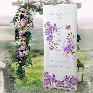 Purple Rose Ribbon Monogram Wedding  Retractable Banner