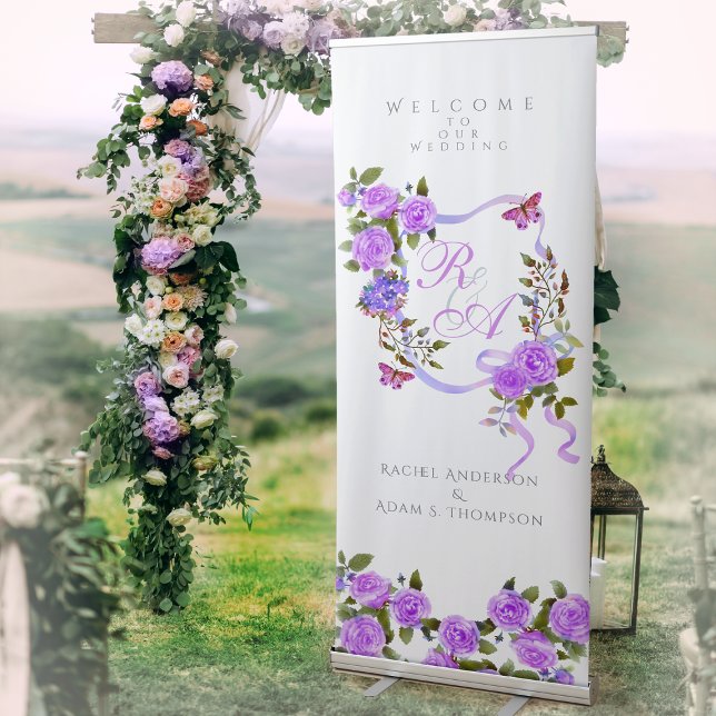 Purple Rose Ribbon Monogram Wedding  Retractable Banner (Elegant Purple Rose Ribbon Monogram Banner Design.)