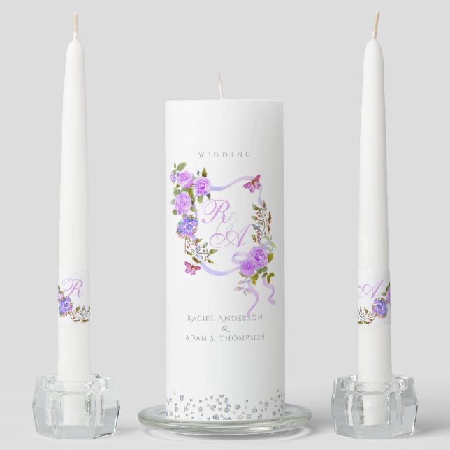 Purple Rose Ribbon Monogram Wedding  Unity Candle Set (Front)