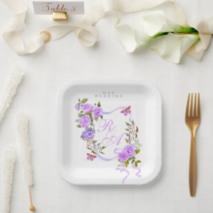 Purple Rose Ribbon Wedding Paper Plates