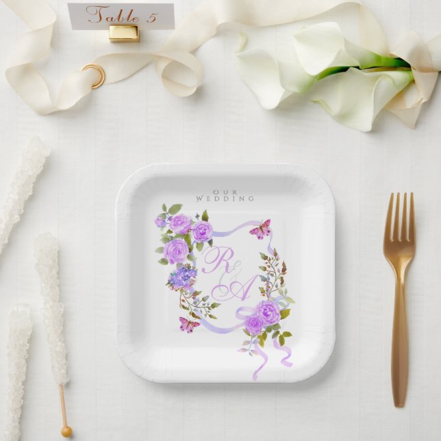 Purple Rose Ribbon Wedding Paper Plates (Wedding)