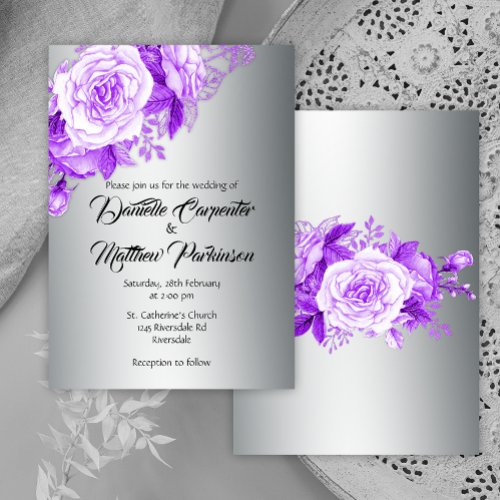Purple Rose Romance Silver Wedding  Invitation