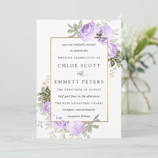 Purple Rose Rustic Floral Wedding Invitation | Zazzle