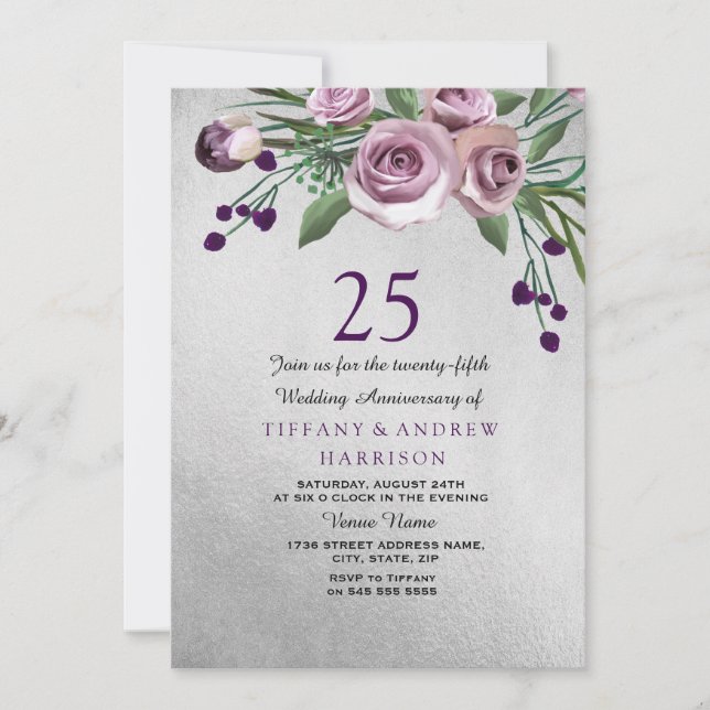 Purple Rose Silver 25th Wedding Anniversary Invite (Front)