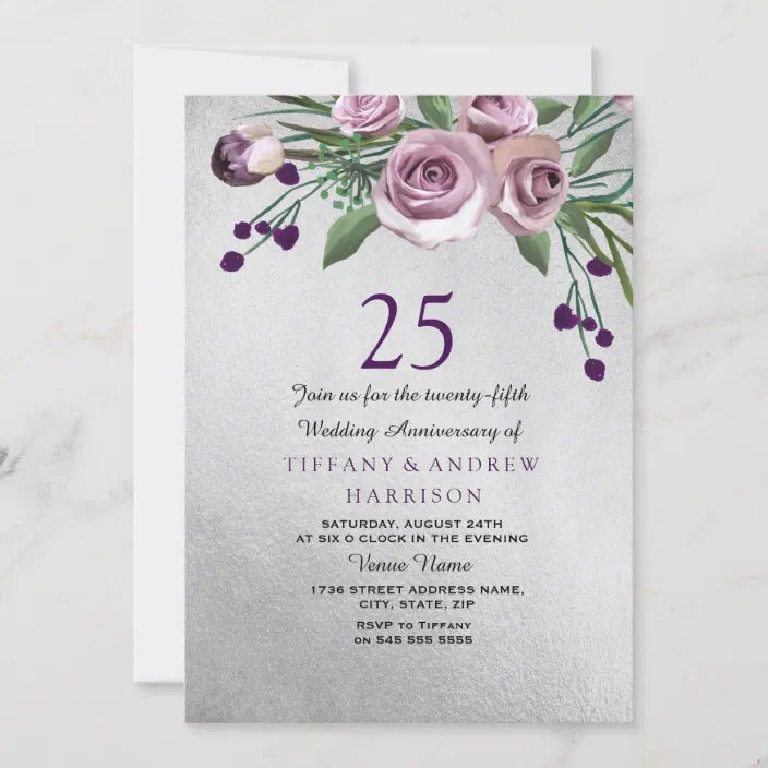 Floral Black & Purple Damask Wedding Anniversary Party Personalised Invitations 