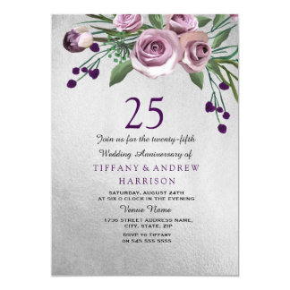 Purple Rose Silver 25th Wedding Anniversary Invite