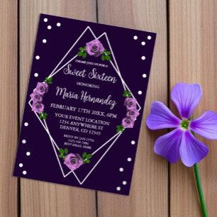 Purple Rose Silver Geometric Sweet 16 Foil Invitation