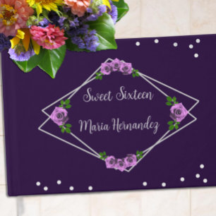 Purple Rose Silver Geometric Sweet 16 Guest Book