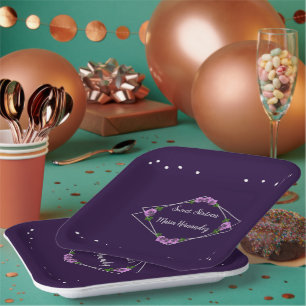 Purple Rose Silver Geometric Sweet 16 Paper Plates