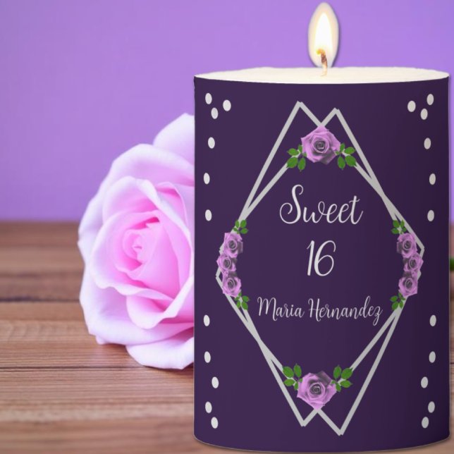 Purple Rose Silver Geometric Sweet 16 Pillar Candle (Creator Uploaded)