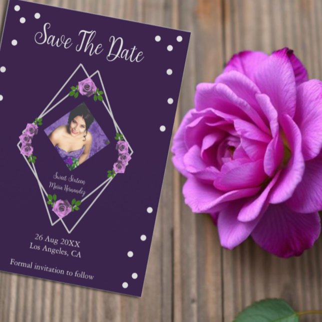 Purple Rose Silver Geometric Sweet 16 Save The Date (Creator Uploaded)